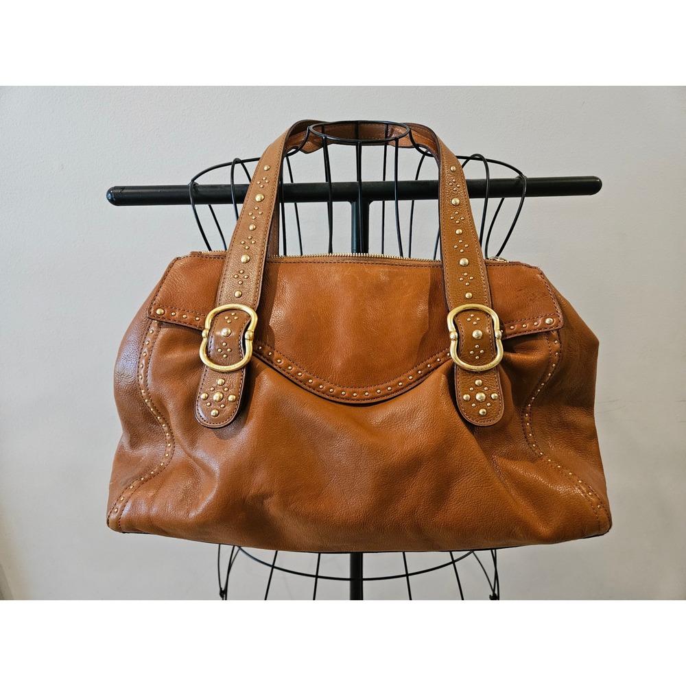 Michael Kors Brown Leather Studded Shoulder Bag Satchel Gold Large - Picture 5 of 12